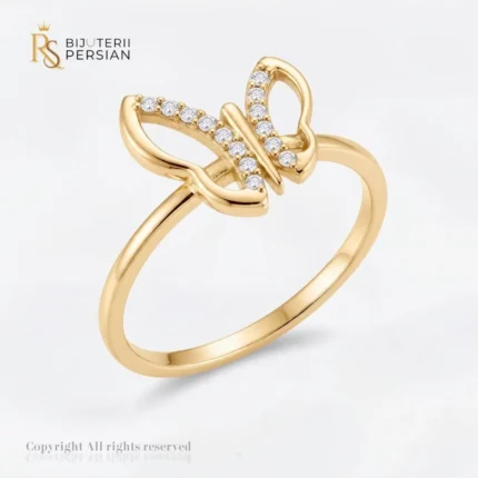Inel aur galben tip fluture cu zirconiu din aur 14K cu aripi filigranate si pietre transparente encastrate