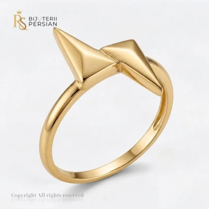 Inel aur galben tip fulger geometric din aur 14K fara pietre cu suprafete tridimensionale polizate la luciu oglinda
