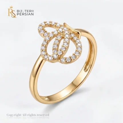 Inel aur galben tip funda cu zirconiu din aur 14K cu bucle elegante encastrate cu pietre transparente