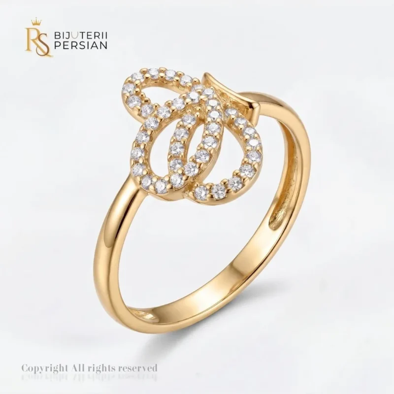 Inel aur galben tip funda cu zirconiu din aur 14K cu bucle elegante encastrate cu pietre transparente