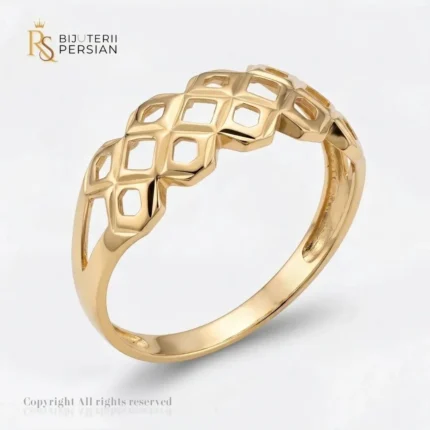 Inel aur galben tip retea geometrica din aur 14K fara pietre cu structura tridimensionala si suprafete polizate