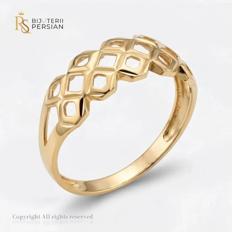 Inel aur galben tip retea geometrica din aur 14K fara pietre cu structura tridimensionala si suprafete polizate