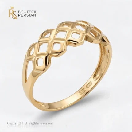 Inel aur galben tip retea geometrica din aur 14K fara pietre cu structura tridimensionala si suprafete polizate