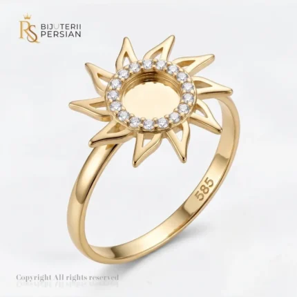 Inel aur galben tip soare cu zirconiu din aur 14K cu raze geometrice si cerc encastrat cu pietre transparente