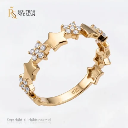 Inel aur galben tip stele alternate cu zirconiu din aur 14K cu stele polizate si stele encastrate cu pietre