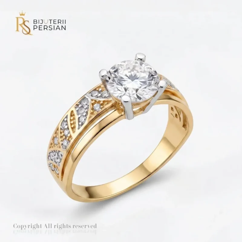 Inel de logodna aur bicolor cu zirconiu din aur 14K cu coronament din aur alb si sina filigranata cu pietre