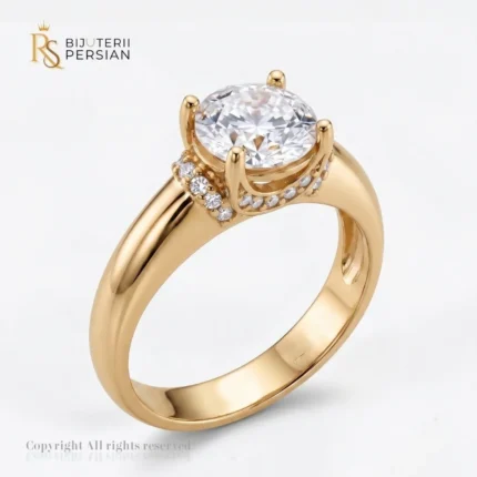 Inel de logodna aur galben cu zirconiu din aur 14K cu piatra centrala mare si detalii halo sub coronament