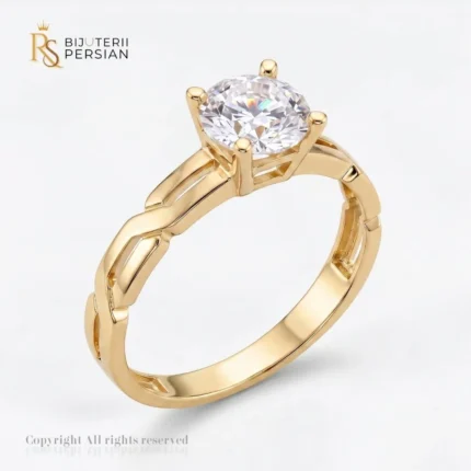 Inel de logodna aur galben cu zirconiu infinity din aur 14K cu piatra centrala si sina cu benzi impletite