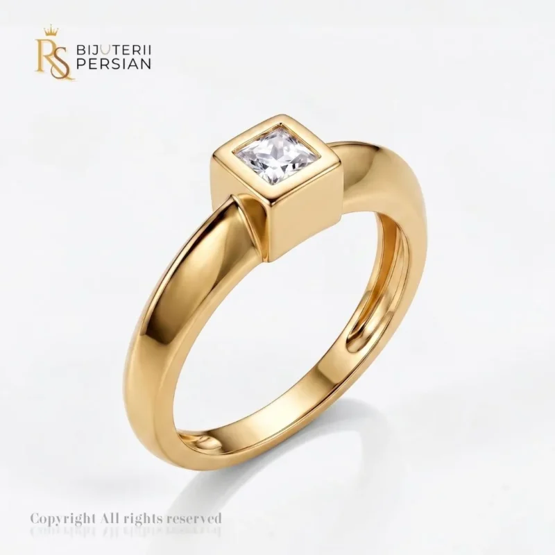 Inel de logodna aur galben cu zirconiu patrat din aur 14K cu montura casetata si sina lata polizata