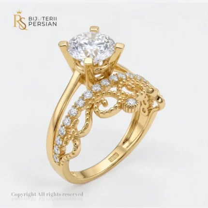 Inel solitaire aur galben cu coronita din aur 14K cu piatra centrala mare si brat filigranat cu zirconii