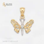 Pandantiv aur bicolor fluture cu zirconiu din aur 14K cu aripi decupate din aur galben si corp din aur alb cu piatra centrala