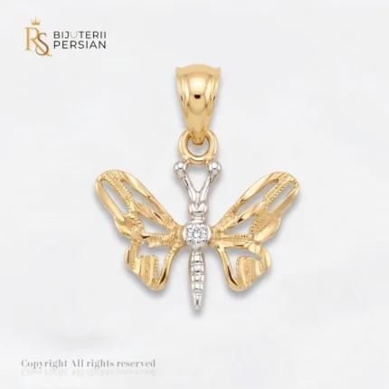 Pandantiv aur bicolor fluture cu zirconiu din aur 14K cu aripi decupate din aur galben si corp din aur alb cu piatra centrala