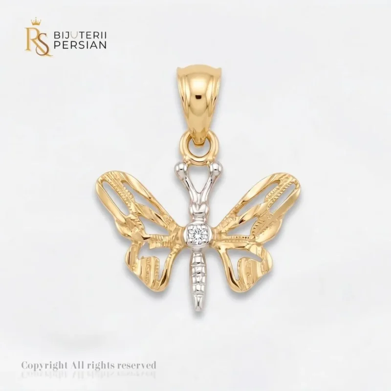 Pandantiv aur bicolor fluture cu zirconiu din aur 14K cu aripi decupate din aur galben si corp din aur alb cu piatra centrala