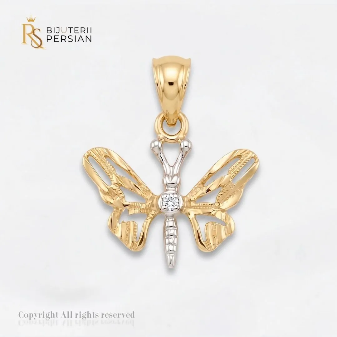 pandantiv-aur-bicolor-fluture-cu-zirconiu-14k-bijuterii-persian Pandantiv aur bicolor fluture cu zirconiu din aur 14K cu aripi decupate din aur galben si corp din aur alb cu piatra centrala