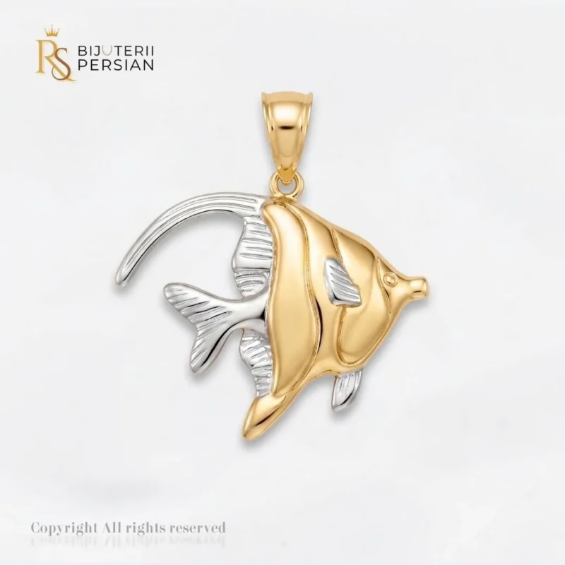 Pandantiv aur bicolor peste scalare din aur 14K cu corpul din aur galben si inotatoarele sculptate din aur alb rodiat