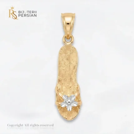 Pandantiv aur bicolor sandala de plaja din aur 14K cu talpa texturata satinat si floare aplicata din aur alb rodiat