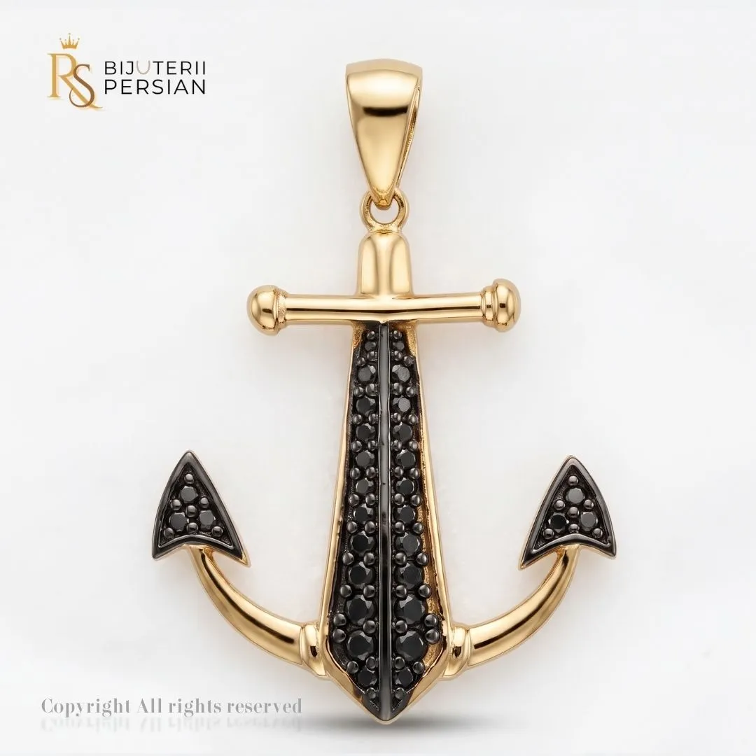 pandantiv-aur-galben-ancora-cu-zirconiu-negru-14k-bijuterii-persian Pandantiv aur galben ancora cu zirconiu negru din aur 14K cu corp incrustat cu cristale negre si detalii nautice polizate
