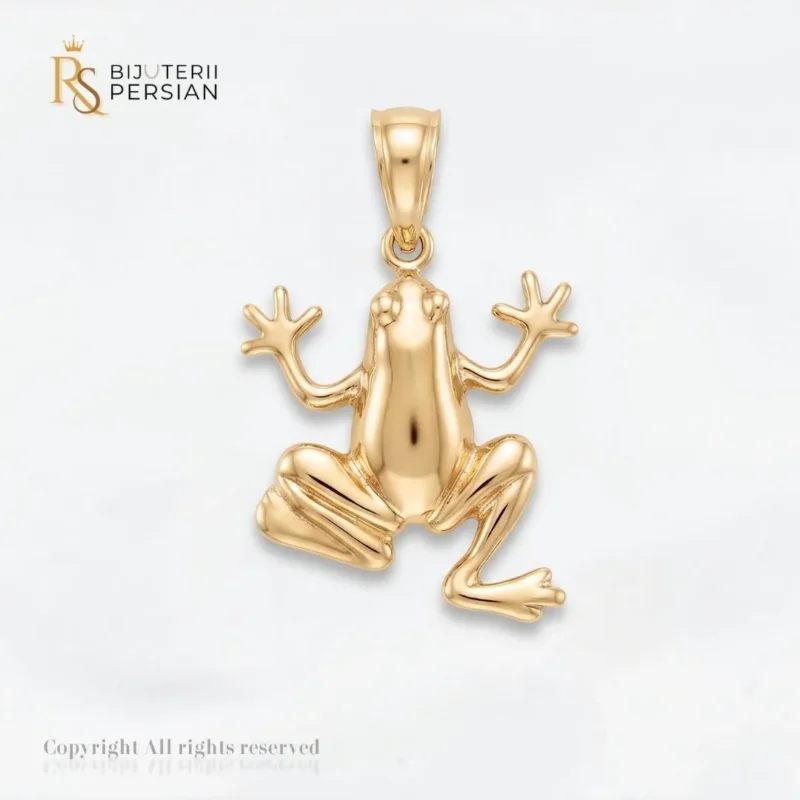 Pandantiv aur galben broasca din aur 14K cu forma sculpturala 3D fara pietre si suprafata polizata la luciu oglinda