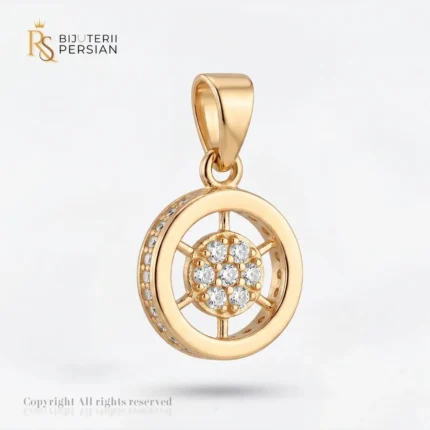 Pandantiv aur galben cerc cu zirconiu din aur 14K cu centru pavat cu pietre si margine exterioara incrustata cu cristale