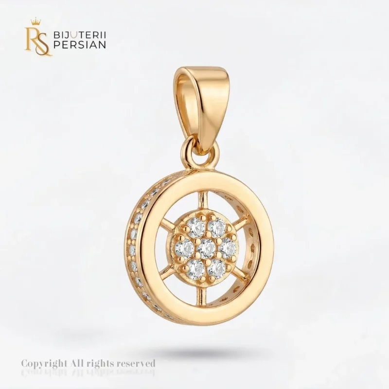 Pandantiv aur galben cerc cu zirconiu din aur 14K cu centru pavat cu pietre si margine exterioara incrustata cu cristale