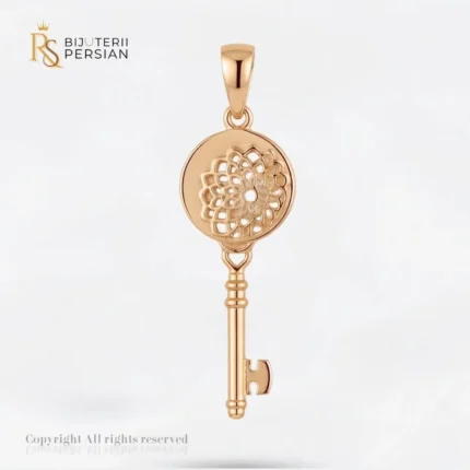 Pandantiv aur galben cheie cu mandala din aur 14K cu disc rotund gravat cu motiv floral si finisaj polizat la luciu oglinda