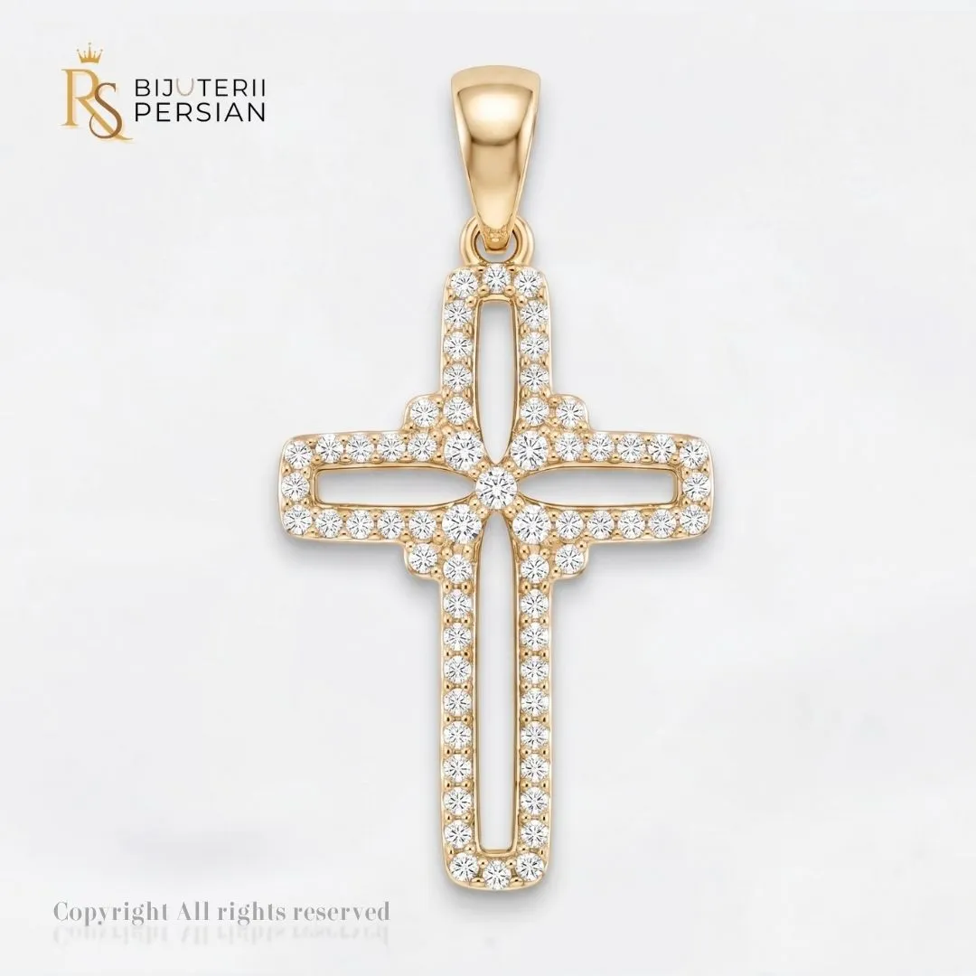 pandantiv-aur-galben-cruce-decupata-cu-zirconiu-14k-bijuterii-persian Pandantiv aur galben cruce decupata cu zirconiu din aur 14K cu cadru ajurat si contur pavat cu cristale stralucitoare transparent