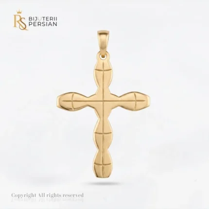 Pandantiv aur galben cruce gravata din aur 14K cu brate sculptate, linii incizate si finisaj polizat la luciu oglinda