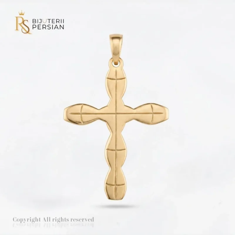Pandantiv aur galben cruce gravata din aur 14K cu brate sculptate, linii incizate si finisaj polizat la luciu oglinda