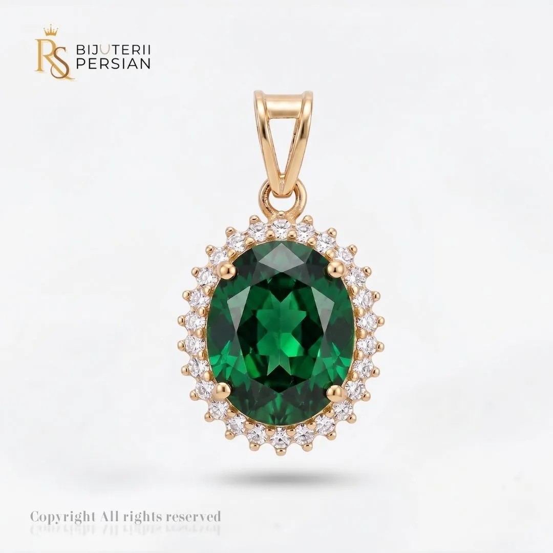 pandantiv-aur-galben-cu-zirconiu-verde-14k-bijuterii-persian Pandantiv aur galben cu zirconiu verde din aur 14K cu piatra centrala ovala verde si coroana de cristale stralucitoare