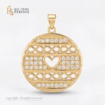 Pandantiv aur galben disc inima si infinit din aur 14K cu motive decupate si benzi pavate cu cristale stralucitoare de zirconiu
