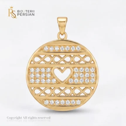 Pandantiv aur galben disc inima si infinit din aur 14K cu motive decupate si benzi pavate cu cristale stralucitoare de zirconiu