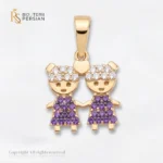 Pandantiv aur galben doua fetite cu zirconiu violet din aur 14K cu rochite pavate cu pietre mov si par incrustat cu cristale transparente