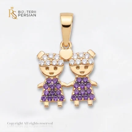 Pandantiv aur galben doua fetite cu zirconiu violet din aur 14K cu rochite pavate cu pietre mov si par incrustat cu cristale transparente