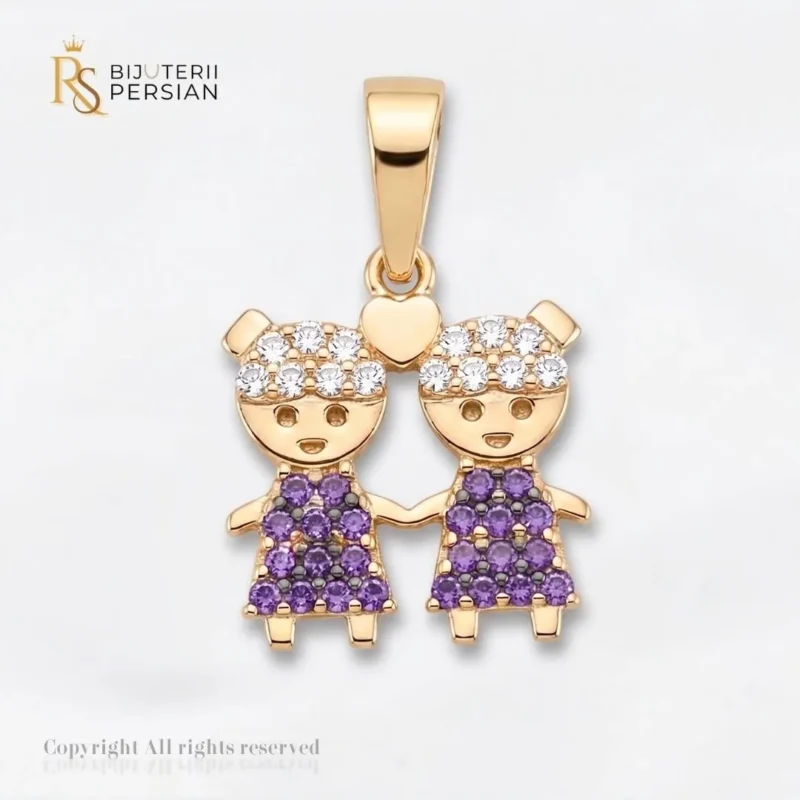 Pandantiv aur galben doua fetite cu zirconiu violet din aur 14K cu rochite pavate cu pietre mov si par incrustat cu cristale transparente