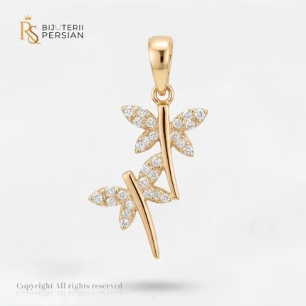 Pandantiv aur galben doua libelule cu zirconiu din aur 14K cu doua figurine suprapuse si aripi incrustate cu cristale stralucitoare
