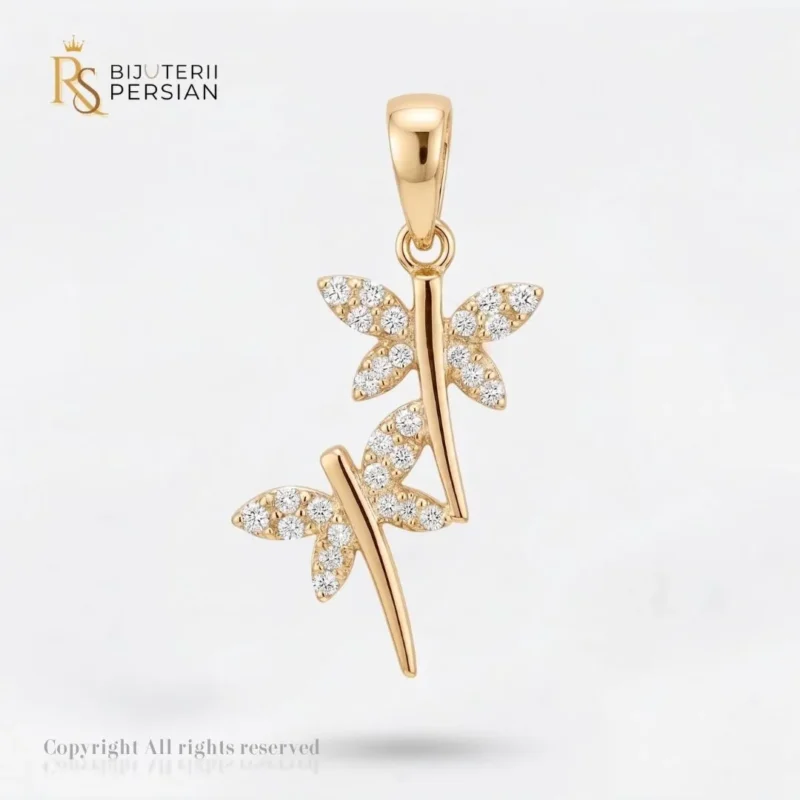 Pandantiv aur galben doua libelule cu zirconiu din aur 14K cu doua figurine suprapuse si aripi incrustate cu cristale stralucitoare