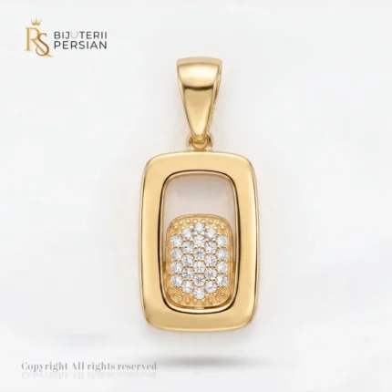 Pandantiv aur galben dreptunghiular cu zirconiu din aur 14K cu rama exterioara si placa interioara pavata cu cristale briliant