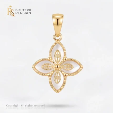 Pandantiv aur galben floare cu sidef din aur 14K cu petale din sidef alb natural, detalii filigranate si margine perlat milgrain