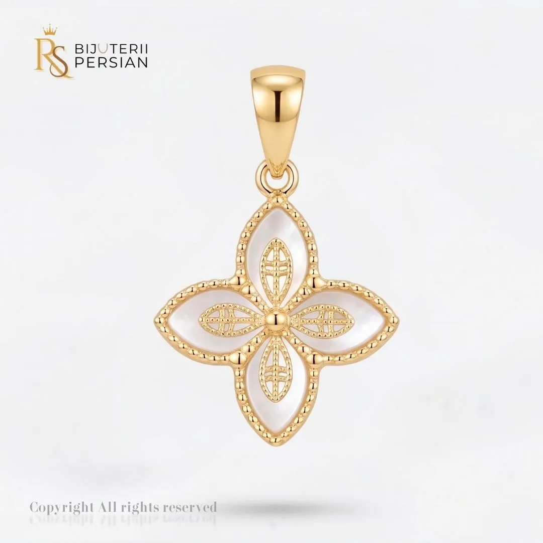 pandantiv-aur-galben-floare-cu-sidef-14k-bijuterii-persian Pandantiv aur galben floare cu sidef din aur 14K cu petale din sidef alb natural, detalii filigranate si margine perlat milgrain