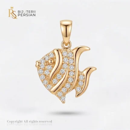 Pandantiv aur galben peste cu zirconiu din aur 14K cu dungi sculptate alternate cu cristale stralucitoare si anou polizat