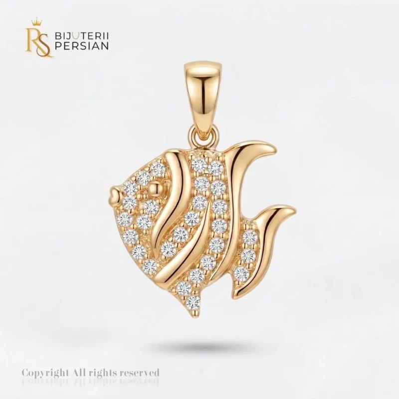 Pandantiv aur galben peste cu zirconiu din aur 14K cu dungi sculptate alternate cu cristale stralucitoare si anou polizat