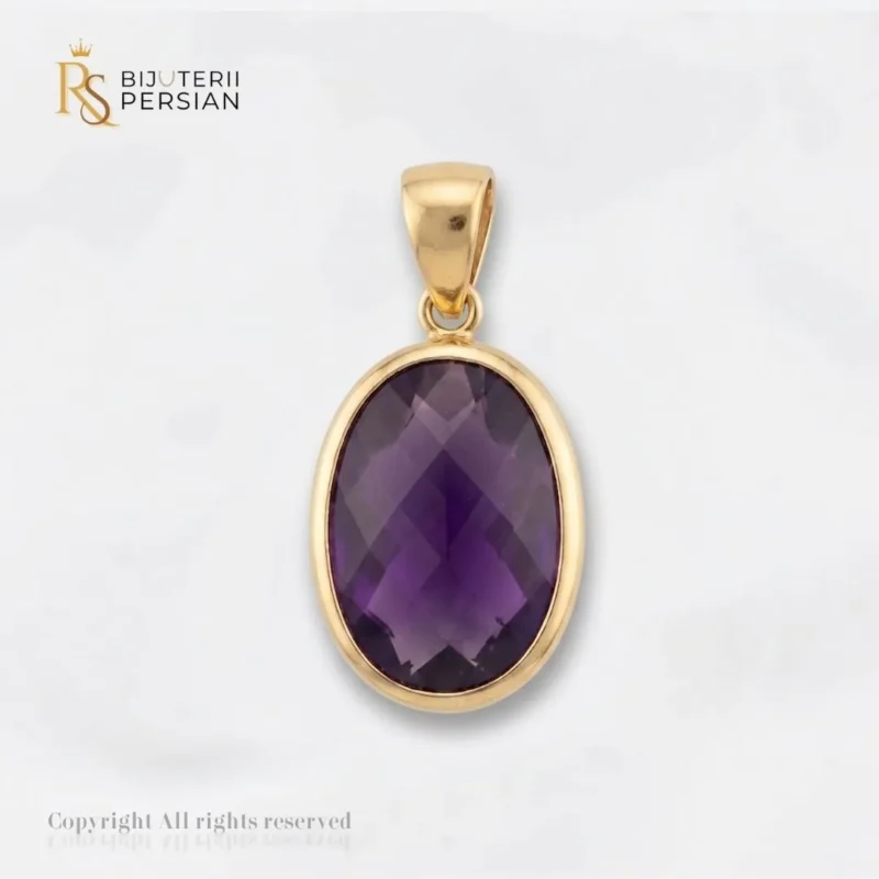 Pandantiv aur galben piatra ovala violet zirconiu din aur 14K cu taietura facetata si rama bezel polizata la luciu oglinda