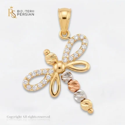 Pandantiv aur tricolor libelula cu bile diamantate din aur 14K cu aripi pavate cu zirconii si coada din bile fațetate in trei culori de aur