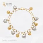 Brățară din aur bicolor 14K cu charmuri în formă de inimi din aur alb gravate cu stele și bile din aur galben diamantate Bijuterii Persian