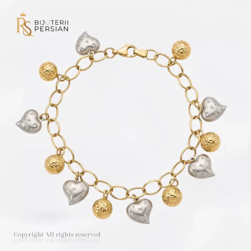 Brățară din aur bicolor 14K cu charmuri în formă de inimi din aur alb gravate cu stele și bile din aur galben diamantate Bijuterii Persian