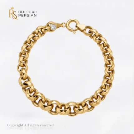Brățară din aur galben 14K model Rolo cu zale rotunde diamantate și piatră de zirconiu încastrată lângă închizătoare Bijuterii Persian