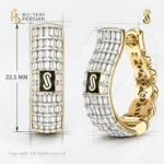 Cercei aur galben 14K Monaco Baguette Hoops originali incrustati cu pietre zirconiu bagheta si sigla Monaco