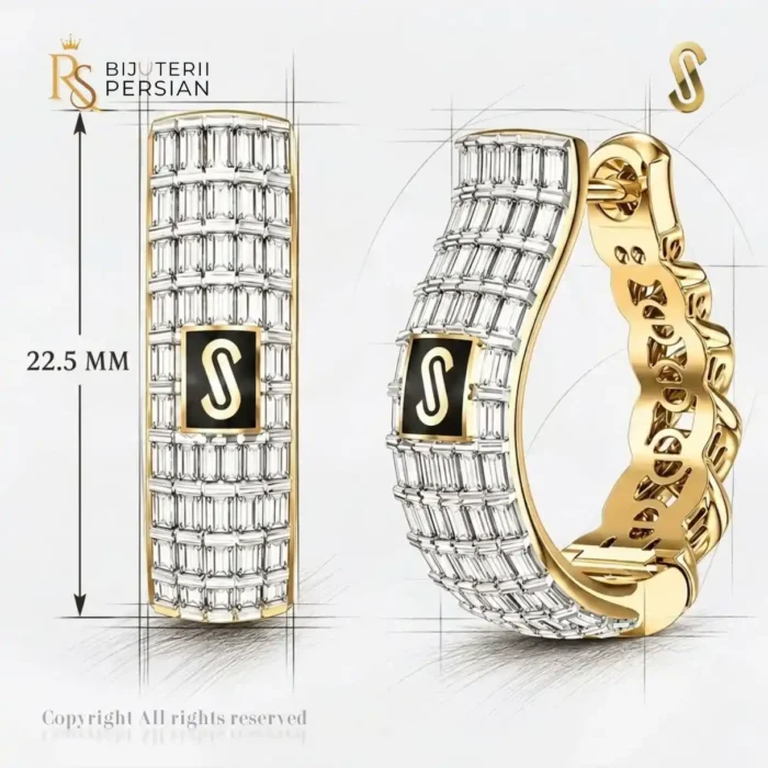 Cercei aur galben 14K Monaco Baguette Hoops originali incrustati cu pietre zirconiu bagheta si sigla Monaco