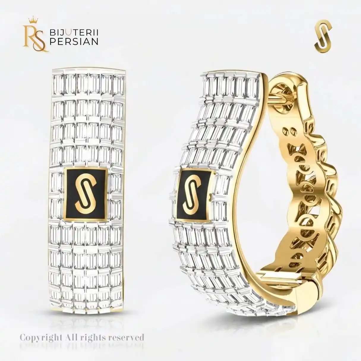 cercei-aur-galben-14k-monaco-baguette-hoops-bijuterii-persian Cercei aur galben 14K Monaco Baguette Hoops originali incrustati cu pietre zirconiu bagheta si sigla Monaco