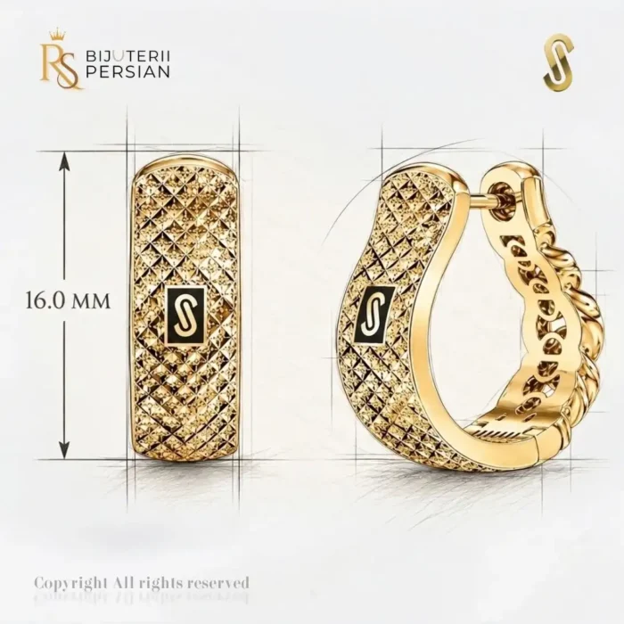Cercei aur galben 14K Monaco Diamond Cut Hoops originali cu textura diamantata in relief si sigla Monaco